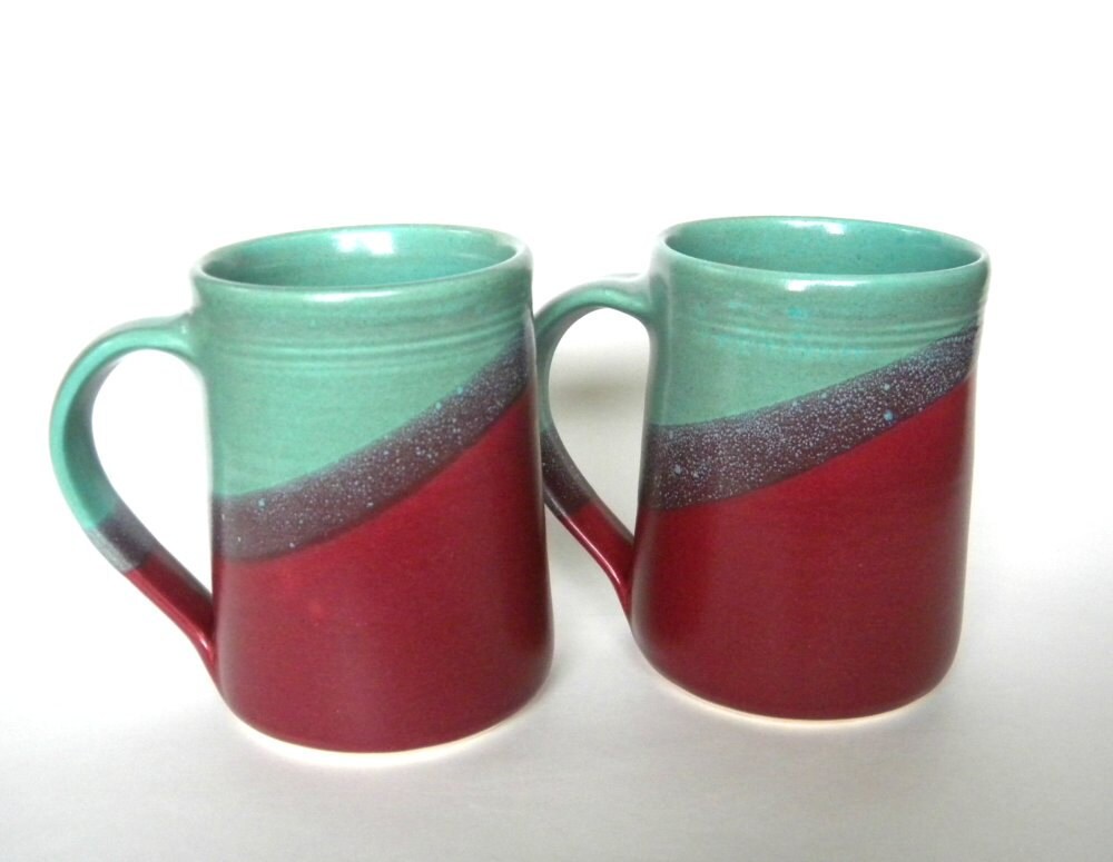 Set Of 2 Large Handmade Ceramic Mugs Two Toned Colored 