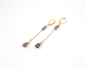 DROPS - Smoky Quartz and Gold filled Long Earrings and Gems Stones