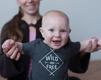Organic Wild and Free Onesie, Organic Gray Baby Bodysuit, Organic Romper, Screen printed onesie, 3-6m, 6-12 mo, 12-18mo by Sweetpea and Co.