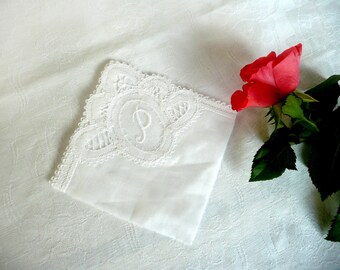 Vintage wedding handkerchief - Brussels lace handkerchief - initial P lace wedding handkerchief - white Belgian lace hankie
