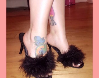 60s slippers black marabou Boudoir heels old Hollywood glamour
