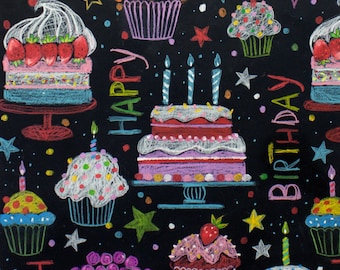 11.50 yrd - Alexander Henry - Cotton Poplin - Happy Birthday - Black