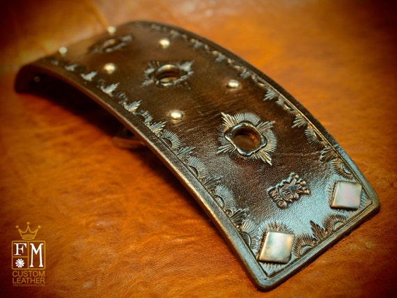 Leather cuff Bracelet Brown Hand Tooled calf lined with spots and diamond snaps Made for YOU in New York by Freddie Matara