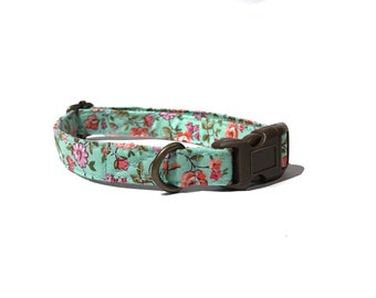 The Sutton - Shabby Chic Seafoam Green Pink Coral Purple Flowers Organic Cotton CAT Collar Breakaway Safety - All Antique Metal Hardware