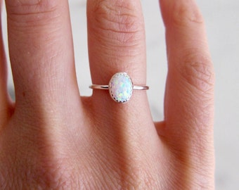 Opal ring. Silver ring band. Gemstone ring. White opal ring.