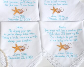 Embroidered Wedding Hankerchiefs, Wedding Gifts, Beach Wedding, Parents Gifts, Beach Seashells Set of 4 Wedding Gifts By Canyon Embroidery