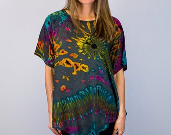 Tie Dye Rayon Short Sleeve Top with Front V Style