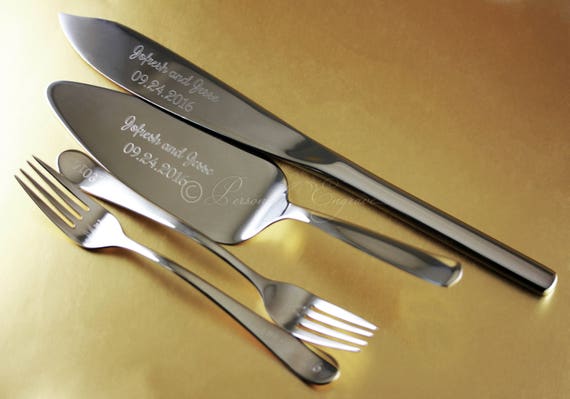 ENGRAVED WEDDING  CAKE  Server Knife  and Fork  Set  incl knife 