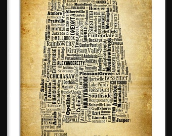 Alabama State Map Alabama City Cities Typography Grunge Map Poster Print