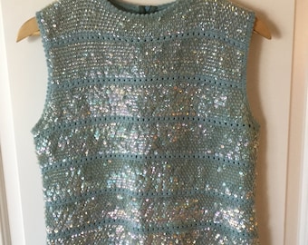 Vintage 1950's sequin sweater, sequined top, sequin shirt, shimmied crop top, blue sequins, sleeveless, handmade