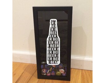 Bottle Cap Holder Shadow Box - Retro Beer Word Typography Design - Black (6" x 14") - Vinyl Decal Gifts, Home Bar Accessories