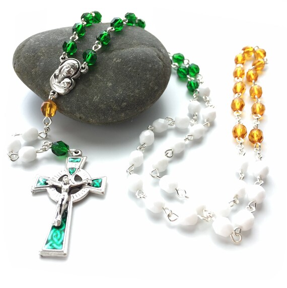 Irish Tricolour Themed Crystal Rosary Beads Handmade Rosary