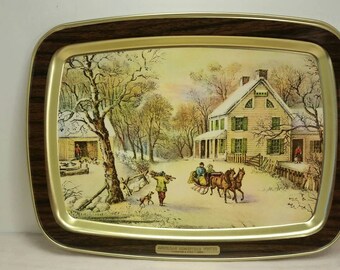 CURRIER AND IVES Metal Serving Tray "American Homestead Winter 1868" Horse Drawn Sleigh Wintertime Scene Colonial