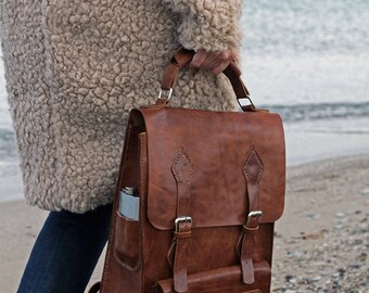 Vegetable Tanned Leather Backpack shouler bag laptop briefcase iPad Messenger for men and women - by kinikgoods