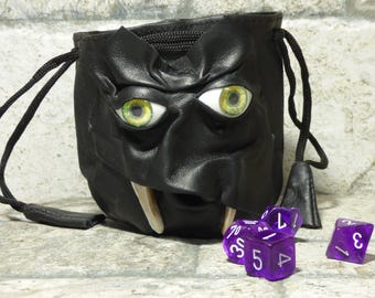 Dice Bag Marble Bag Fairy Pouch With Monster Face RPG Drawstring Bag Rune Bag Magic The Gathering Gamer Gift Black Leather 39
