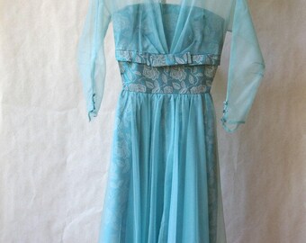 1950s Baby Blue Brocade Prom/Formal Dress XXS