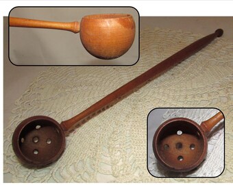 Vintage Long Handmade Wooden Strainer Spoon with Holes, wood, Olive Spoon