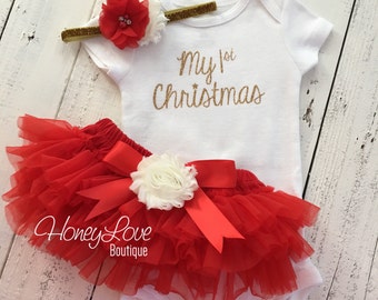 1st Christmas Set GOLD or SILVER bodysuit, red ivory flower glitter headband bow, tutu skirt bloomers infant baby girl First Santa Outfit