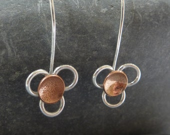 Daisy flower drop earrings: Handmade, sterling silver and copper