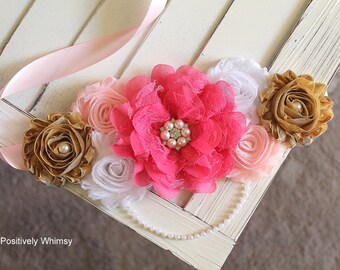 Pink Gold White Maternity Sash, Gender Reveal Sash, Girl Maternity Sash, Belly Sash, Maternity Belt, Pregnancy Sash, Baby Shower Sash, RTS