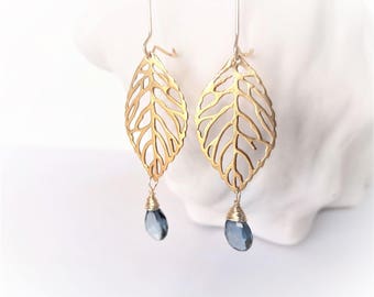 GOLD LEAF London Blue Topaz & Bali Gold Vermeil Chandelier Earrings, December birthstone, Mediterranean blue luxe gemstones