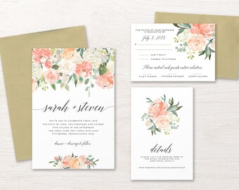 Floral Wedding Invitation, Wedding Invitation Set, Wedding Invitation Suite, Wedding Invitation Printable, Pink, White, Ivory, Green, Peach