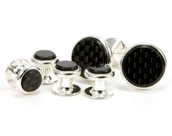 Carbon Fiber Silver Cufflinks Tuxedo Stud Set Unique Gift Carbon Fiber Gift For Him Mens Jewelry Gift For Dad Tuxedo Shirt Studs Fathers Day