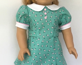 18" doll aqua flowered dress with pink trim and pink buttons
