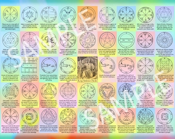 The 44 Seals of Solomon - 12"x16" Kabbalah poster for instant download - contains the 44 King Solomon seals and their interpretations
