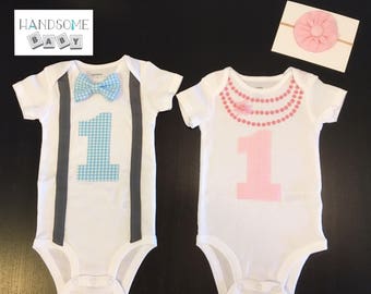 Twins First Birthday Bowtie Necklace Bodysuits with suspenders and headband