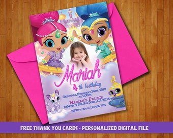 Shimmer and Shine Invitation, Shimmer & Shine Party, Shimmer and Shine, Shimmer and Shine Birthday, Girl Invitation, FREE Thank You Cards