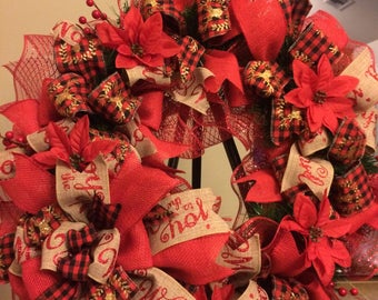 Holiday festive Christmas plaid poinsettia wreath