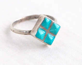 Modern Turquoise Ring Size 5 Sterling Silver Vintage Southwestern Square Diamond December Birthstone Girls Ring