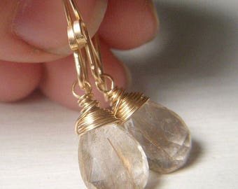 Rutilated Quartz Earrings Goldfilled, Golden Rutile Teardrop Earrings, Wirewrapped Gemstone Dangle Briolette, Natural Stone Jewelry