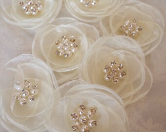 ivory handmade flower, handmade rosette applique, pearl bead rose flower, bridal headpiece, headband accessory, crafting rosette 2 pcs