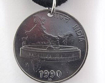 India Coin Necklace, 50 Paise, Mens Necklace, Womens Necklace, Coin Pendant, Leather Cord, Vintage, 1990, 1991