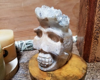 1.12lb Clear Quartz Crystal Cluster Skull Carving, 507g