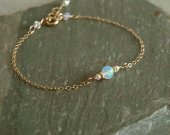 Opal Bracelet, fire opal, freshwater pearls, gold chain, October birthstone, round natural Ethiopian opal, quality opal, dainty opal jewelry