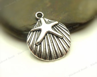 6 Shell with Starfish Charms 22x18mm Antique Silver Tone Metal - BM16