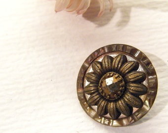 Antique Metal FLOWER Floral Button With Carved Shell 11/16", ANIMAL CHARITY Donation