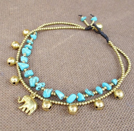 2 Strand Turquoise Stone Brass Bead Ankle Bracelet added
