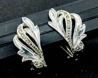 vintage clip on earrings, earrings, marcasite earrings, wedding jewelry, vintage leaf earrings, wedding earrings, wedding, marcasite earring