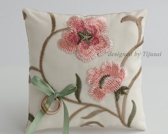 Ring pillow with embroidered floral fabric-ring bearer, ring cushion, ready to ship