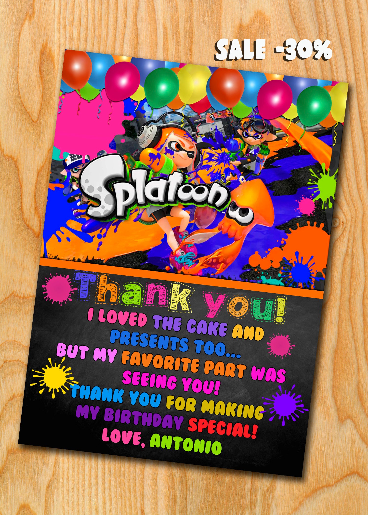 Splatoon thank you card Splatoon Birthday Invitation
