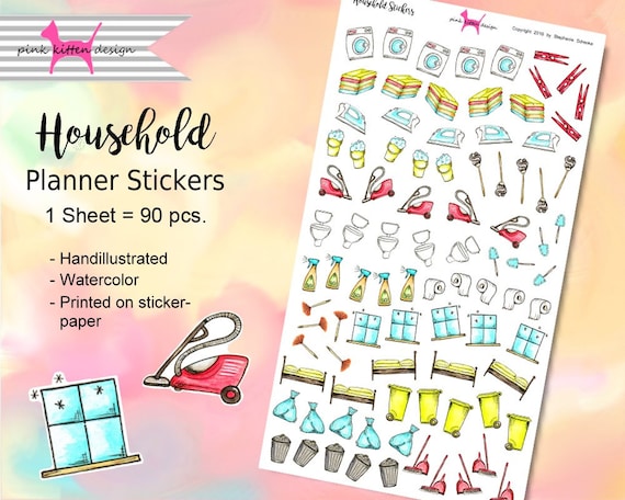 Household Stickers Handillustrated Watercolor Stickers For