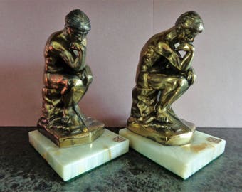 The Thinker Onyx pair of Bookends 1928 Vintage Rodin Metal Book Ends
