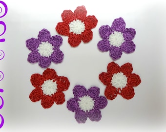 applied 6 crochet flowers red white and plum 4.5 cm (1,57 ")