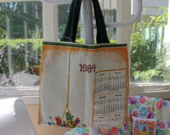 Upcycled Vintage 1984 Calendar Tote, 14"x13", vintage wall calendar, 1984 calendar, grocery tote bag, library tote bag, OOAK, hanging flower