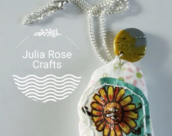 Handmade sunflower stuffed embellished pendant necklace
