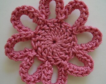 Crocheted Loopy Flower - Rose Pink - Cotton Flower - Crocheted Flower Applique - Crocheted Flower Embellishment